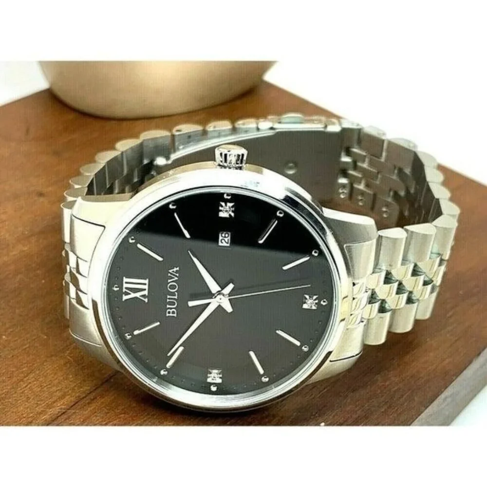 Bulova Men's Watch 96D151 Quartz Diamond Accent Black Dial Stainless Steel 41mm